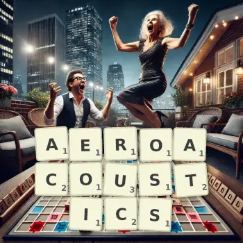 Creative illustration for a Scrabble game with the word AEROACOUSTICS spelled out in tiles on the board.