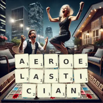 Creative illustration for a Scrabble game with the word AEROELASTICIAN spelled out in tiles on the board.