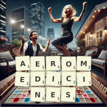 Creative illustration for a Scrabble game with the word AEROMEDICINES spelled out in tiles on the board.