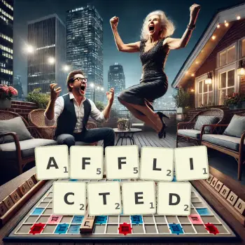 Creative illustration for a Scrabble game with the word AFFLICTED spelled out in tiles on the board.