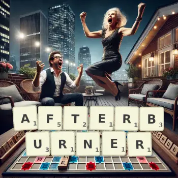 Creative illustration for a Scrabble game with the word AFTERBURNER spelled out in tiles on the board.