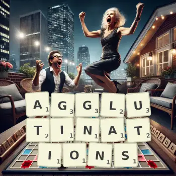 Creative illustration for a Scrabble game with the word AGGLUTINATIONS spelled out in tiles on the board.