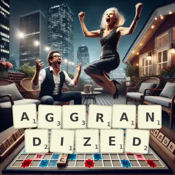 Creative illustration for a Scrabble game with the word AGGRANDIZED spelled out in tiles on the board.