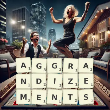 Creative illustration for a Scrabble game with the word AGGRANDIZEMENTS spelled out in tiles on the board.