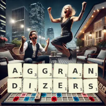 Creative illustration for a Scrabble game with the word AGGRANDIZERS spelled out in tiles on the board.