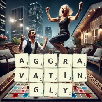 Creative illustration for a Scrabble game with the word AGGRAVATINGLY spelled out in tiles on the board.