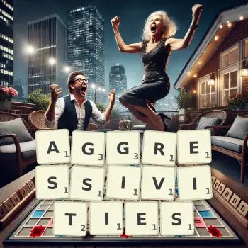 Creative illustration for a Scrabble game with the word AGGRESSIVITIES spelled out in tiles on the board.