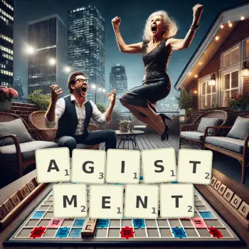 Creative illustration for a Scrabble game with the word AGISTMENT spelled out in tiles on the board.