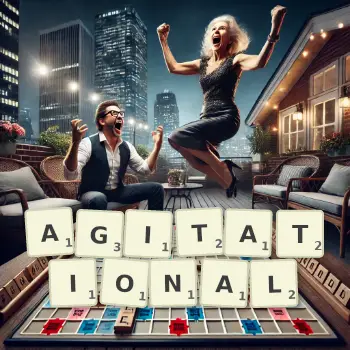 Creative illustration for a Scrabble game with the word AGITATIONAL spelled out in tiles on the board.