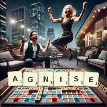 Creative illustration for a Scrabble game with the word AGNISE spelled out in tiles on the board.
