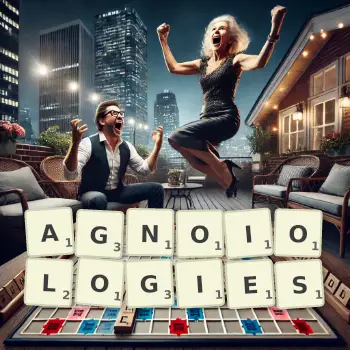 Creative illustration for a Scrabble game with the word AGNOIOLOGIES spelled out in tiles on the board.