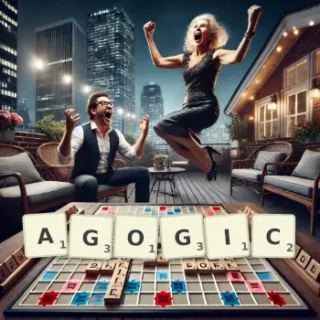 Creative illustration for a Scrabble game with the word AGOGIC spelled out in tiles on the board.
