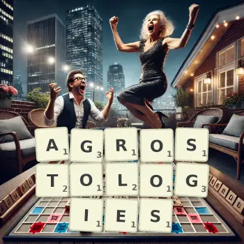 Creative illustration for a Scrabble game with the word AGROSTOLOGIES spelled out in tiles on the board.