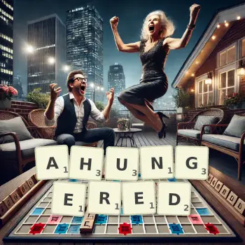 Creative illustration for a Scrabble game with the word AHUNGERED spelled out in tiles on the board.