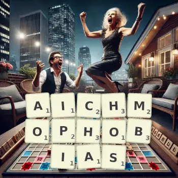 Creative illustration for a Scrabble game with the word AICHMOPHOBIAS spelled out in tiles on the board.