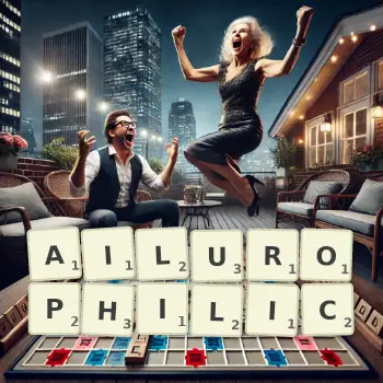 Creative illustration for a Scrabble game with the word AILUROPHILIC spelled out in tiles on the board.