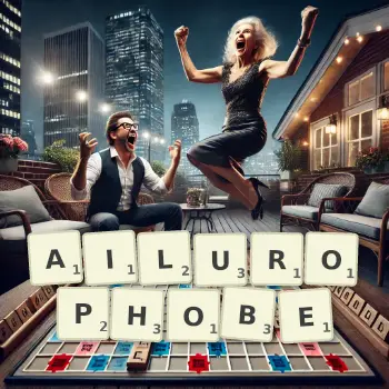 Creative illustration for a Scrabble game with the word AILUROPHOBE spelled out in tiles on the board.