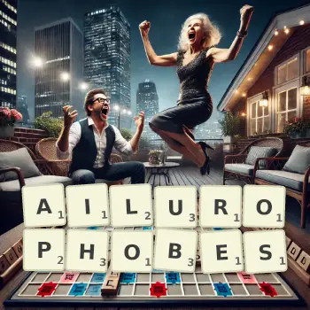 Creative illustration for a Scrabble game with the word AILUROPHOBES spelled out in tiles on the board.