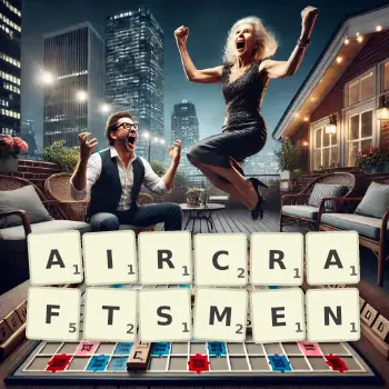 Creative illustration for a Scrabble game with the word AIRCRAFTSMEN spelled out in tiles on the board.