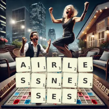 Creative illustration for a Scrabble game with the word AIRLESSNESSES spelled out in tiles on the board.