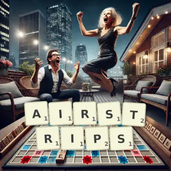 Creative illustration for a Scrabble game with the word AIRSTRIPS spelled out in tiles on the board.