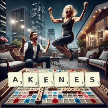 Creative illustration for a Scrabble game with the word AKENES spelled out in tiles on the board.