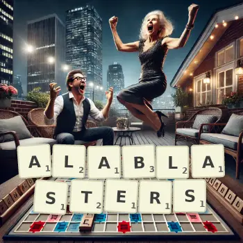 Creative illustration for a Scrabble game with the word ALABLASTERS spelled out in tiles on the board.