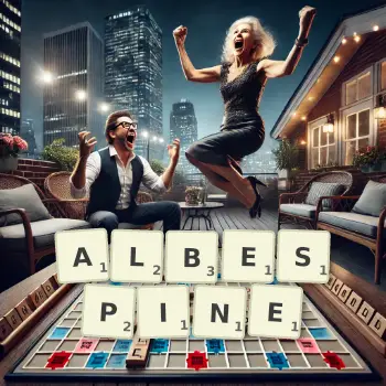 Creative illustration for a Scrabble game with the word ALBESPINE spelled out in tiles on the board.