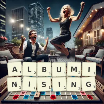 Creative illustration for a Scrabble game with the word ALBUMINISING spelled out in tiles on the board.