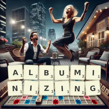 Creative illustration for a Scrabble game with the word ALBUMINIZING spelled out in tiles on the board.