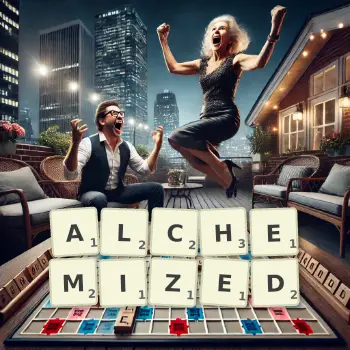 Creative illustration for a Scrabble game with the word ALCHEMIZED spelled out in tiles on the board.