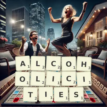 Creative illustration for a Scrabble game with the word ALCOHOLICITIES spelled out in tiles on the board.