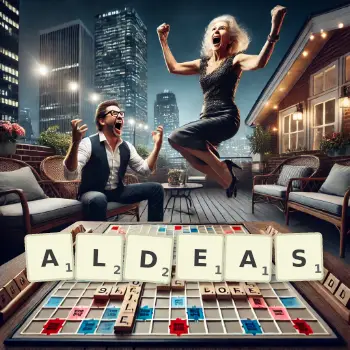 Creative illustration for a Scrabble game with the word ALDEAS spelled out in tiles on the board.