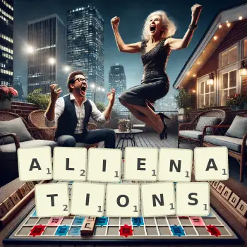 Creative illustration for a Scrabble game with the word ALIENATIONS spelled out in tiles on the board.