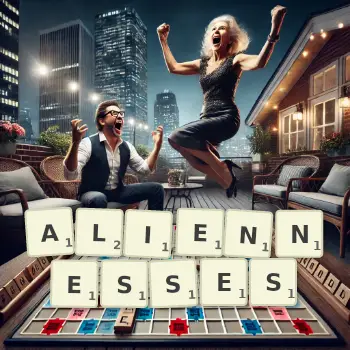 Creative illustration for a Scrabble game with the word ALIENNESSES spelled out in tiles on the board.