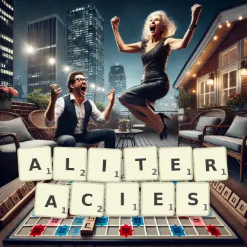 Creative illustration for a Scrabble game with the word ALITERACIES spelled out in tiles on the board.