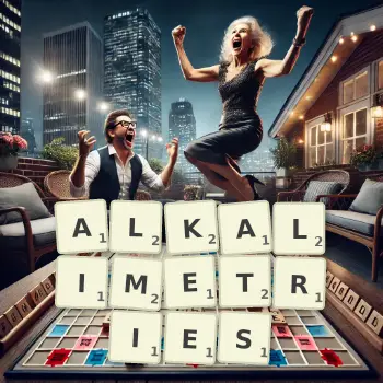 Creative illustration for a Scrabble game with the word ALKALIMETRIES spelled out in tiles on the board.