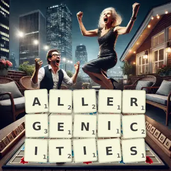 Creative illustration for a Scrabble game with the word ALLERGENICITIES spelled out in tiles on the board.