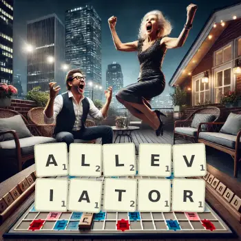 Creative illustration for a Scrabble game with the word ALLEVIATOR spelled out in tiles on the board.