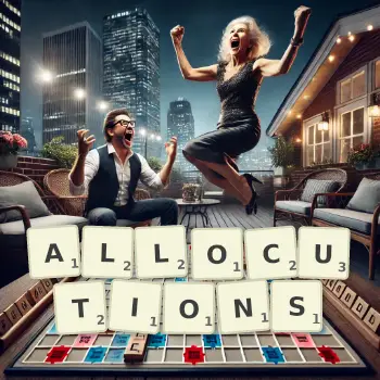 Creative illustration for a Scrabble game with the word ALLOCUTIONS spelled out in tiles on the board.