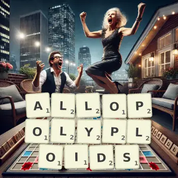 Creative illustration for a Scrabble game with the word ALLOPOLYPLOIDS spelled out in tiles on the board.