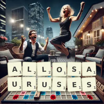 Creative illustration for a Scrabble game with the word ALLOSAURUSES spelled out in tiles on the board.