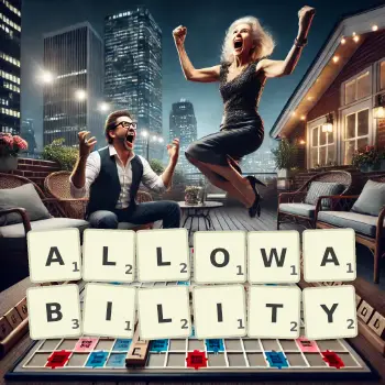 Creative illustration for a Scrabble game with the word ALLOWABILITY spelled out in tiles on the board.