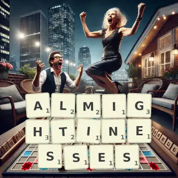 Creative illustration for a Scrabble game with the word ALMIGHTINESSES spelled out in tiles on the board.