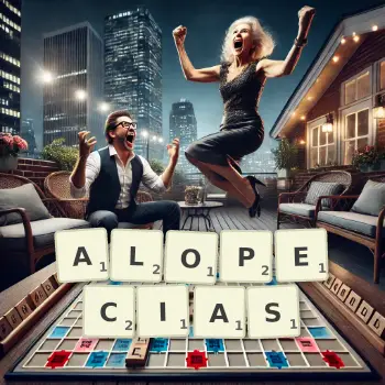 Creative illustration for a Scrabble game with the word ALOPECIAS spelled out in tiles on the board.
