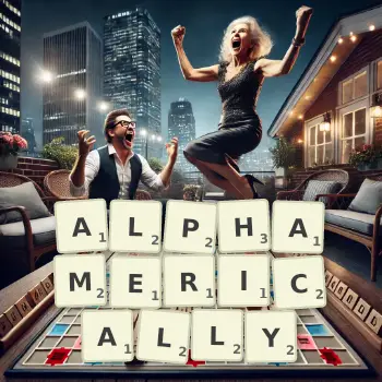Creative illustration for a Scrabble game with the word ALPHAMERICALLY spelled out in tiles on the board.