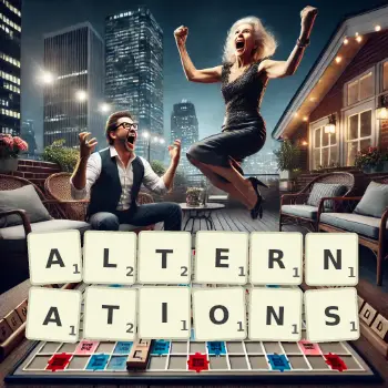 Creative illustration for a Scrabble game with the word ALTERNATIONS spelled out in tiles on the board.