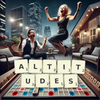 Creative illustration for a Scrabble game with the word ALTITUDES spelled out in tiles on the board.