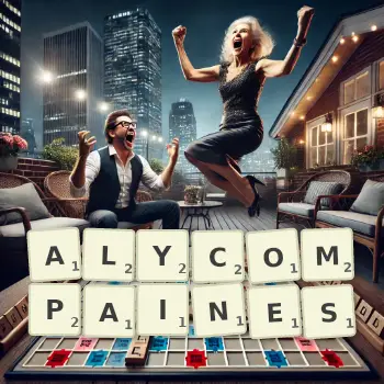 Creative illustration for a Scrabble game with the word ALYCOMPAINES spelled out in tiles on the board.