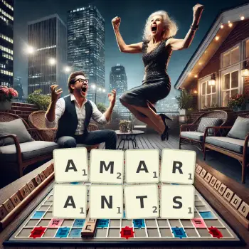 Creative illustration for a Scrabble game with the word AMARANTS spelled out in tiles on the board.